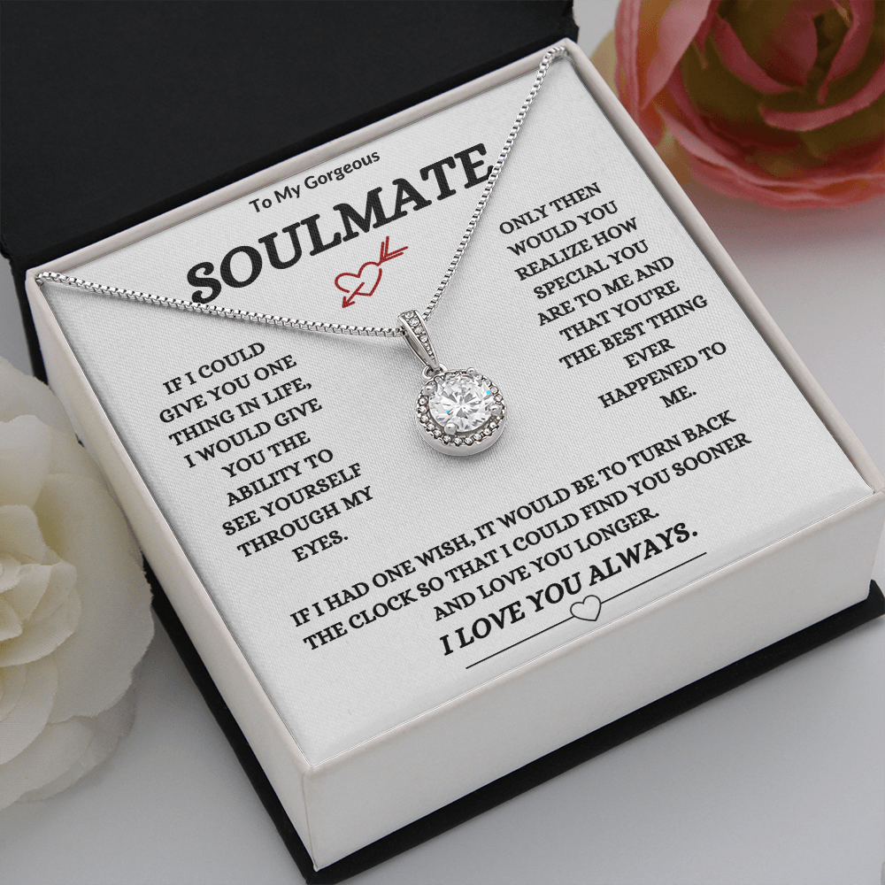 TO MY GORGEOUS SOULMATE | 14K WHITE GOLD FINISH OVER SS | LOVE KNOT NECKLACE