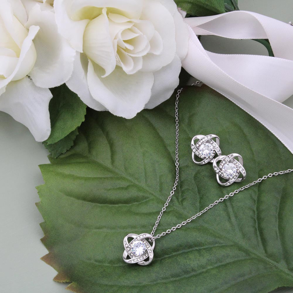 TO MY BEAUTIFUL WIFE | 14K WHITE GOLD OVER SS | LOVE KNOT NECKLACE & EARRING SET