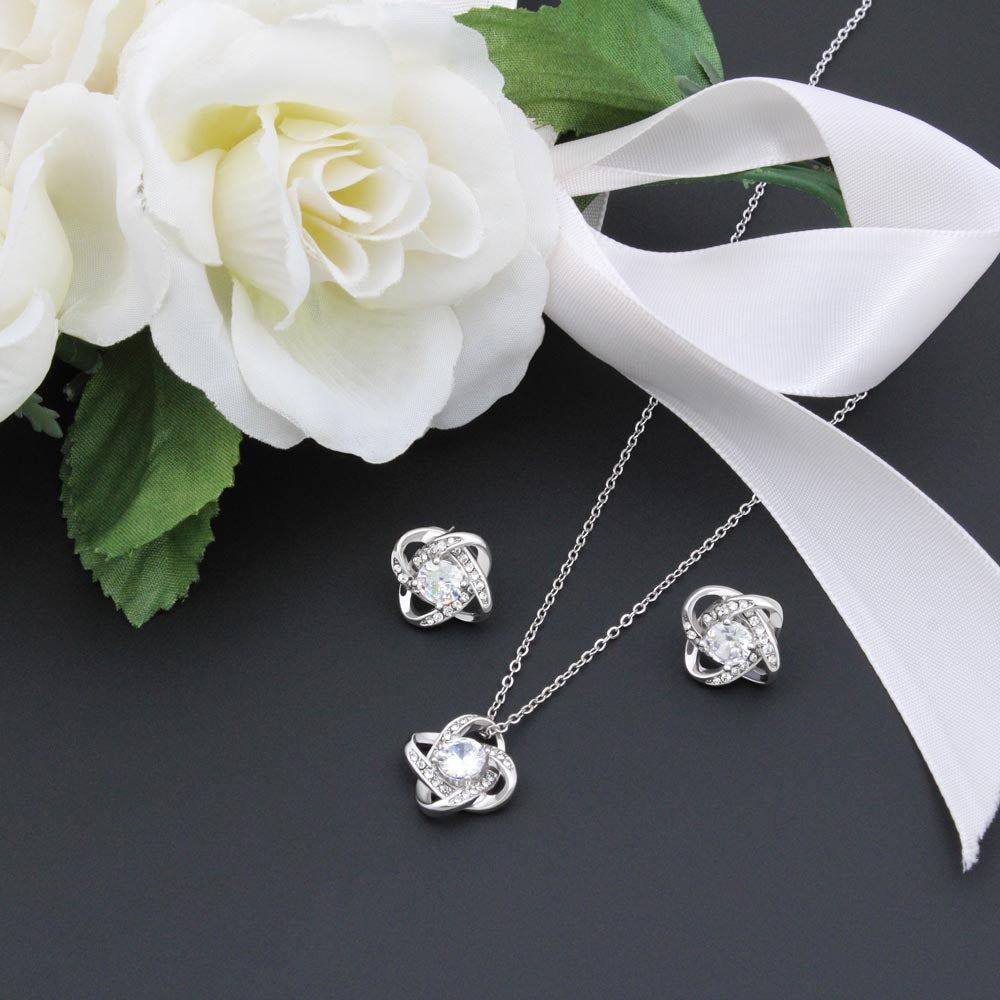 TO MY GORGEOUS SOULMATE | 14K WHITE GOLD FINISH OVER SS | LOVE KNOT NECKLACE AND EARRING SET