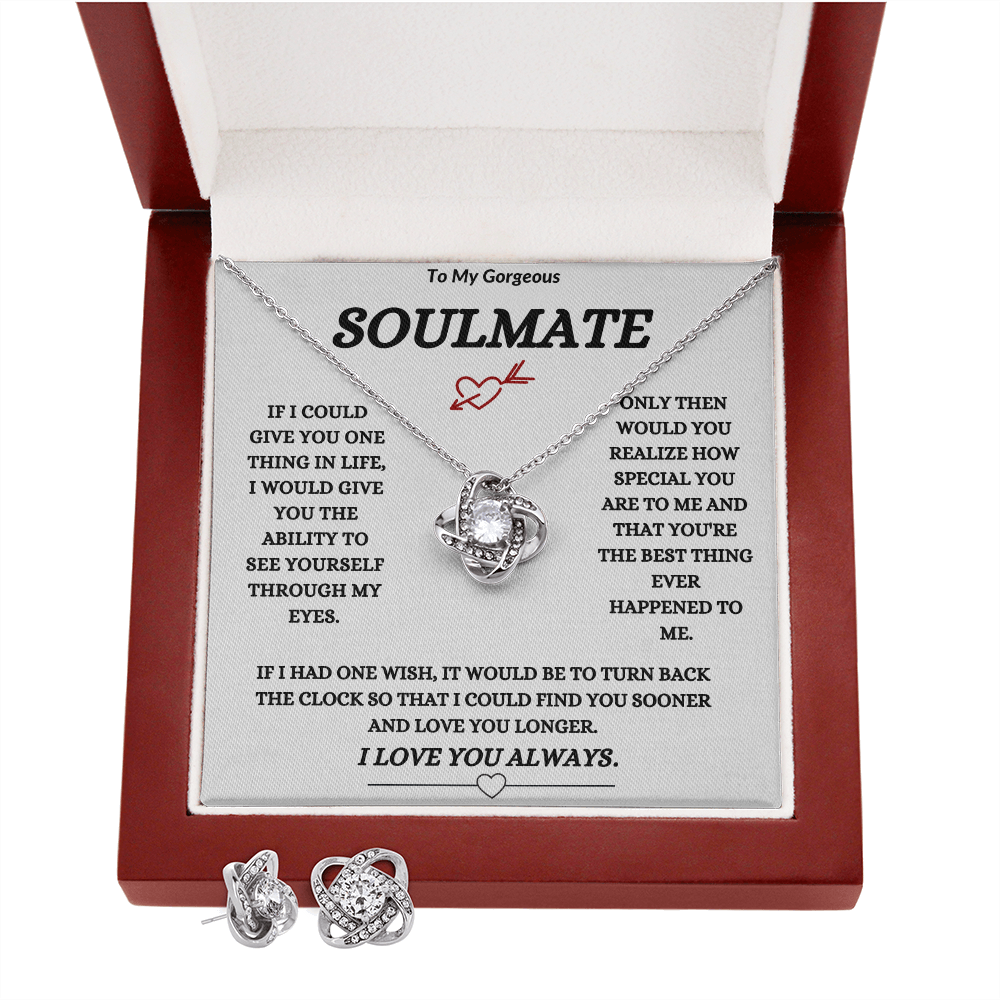 TO MY GORGEOUS SOULMATE | 14K WHITE GOLD FINISH OVER SS | LOVE KNOT NECKLACE AND EARRING SET