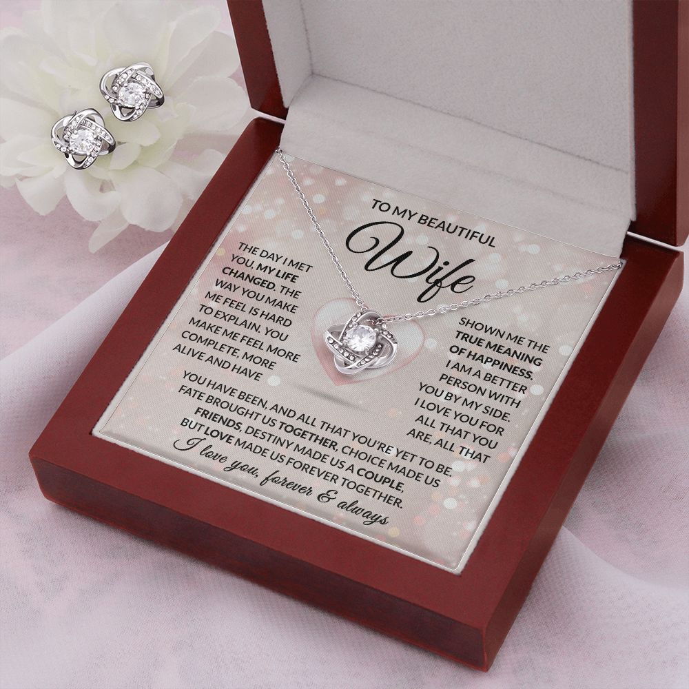 TO MY BEAUTIFUL WIFE | 14K WHITE GOLD OVER SS | LOVE KNOT NECKLACE & EARRING SET