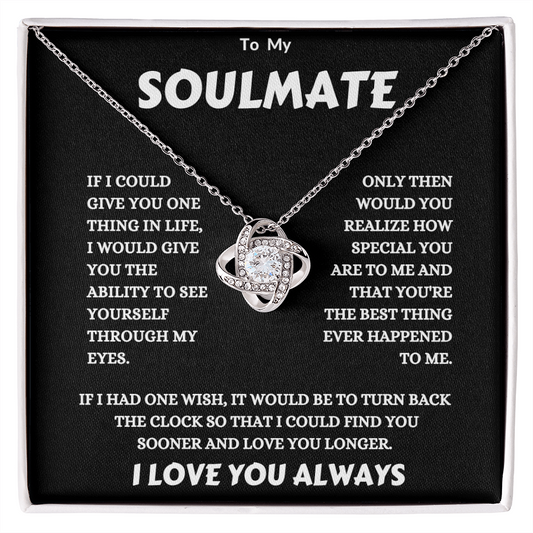 TO MY SOULMATE | 14K WHITE GOLD FINISH OVER SS | LOVE KNOT NECKLACE