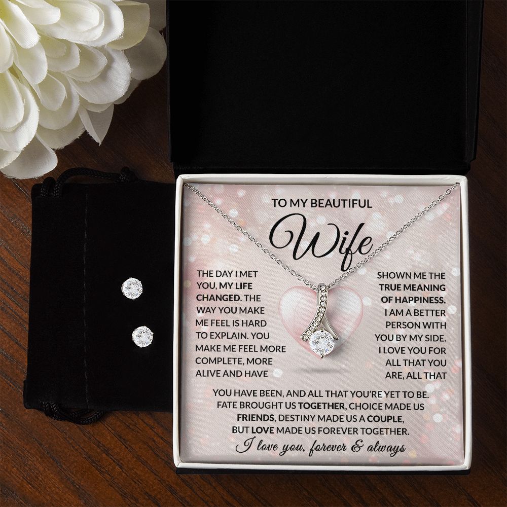 TO MY BEAUTIFUL WIFE | 14K WHITE GOLD FINISH OVER SS | ALLURING BEAUTY NECKLACE & EARRING SET