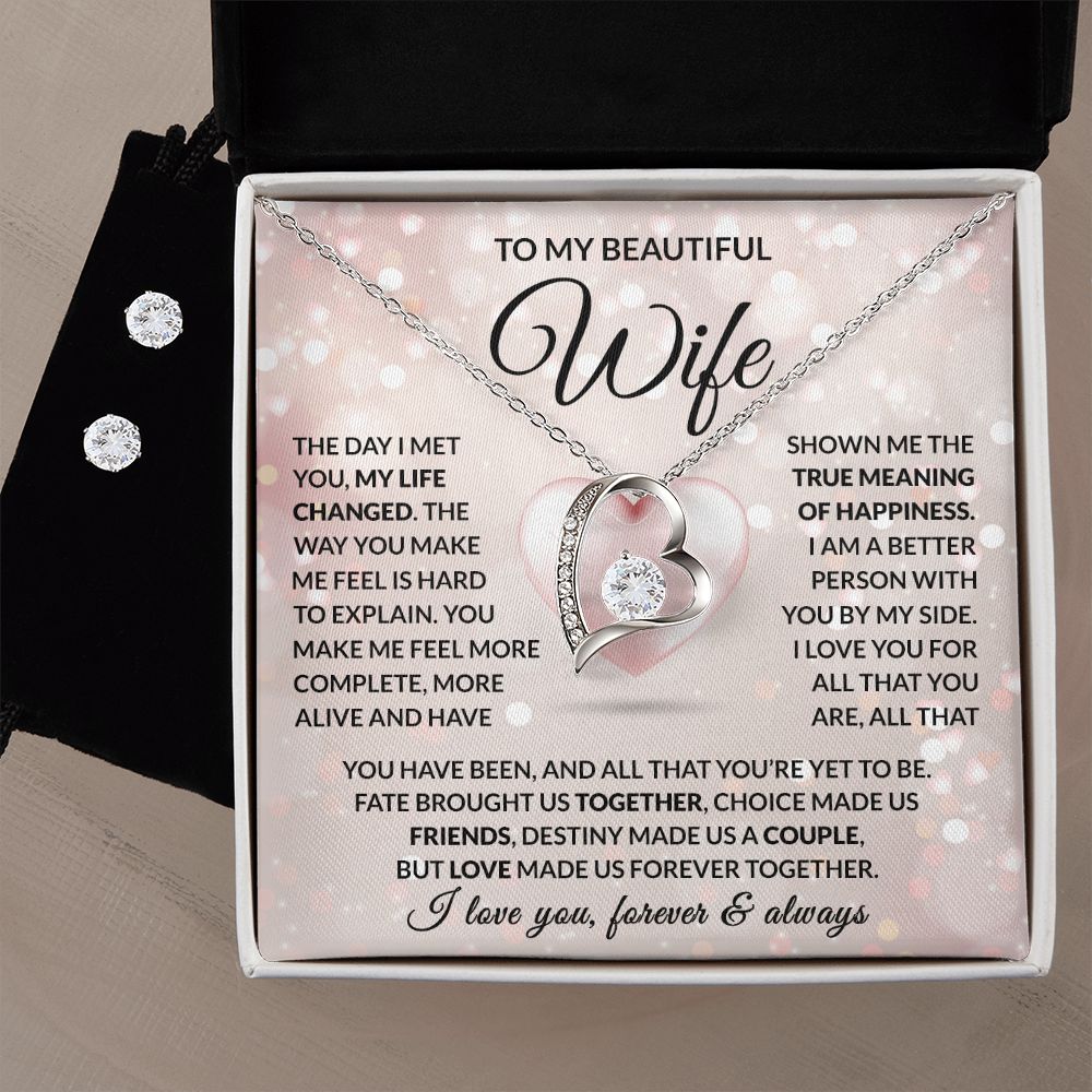 TO MY BEAUTIFUL WIFE | 14K WHITE GOLD FINISH OVER SS | FOREVER LOVE NECKLACE & EARRING SET
