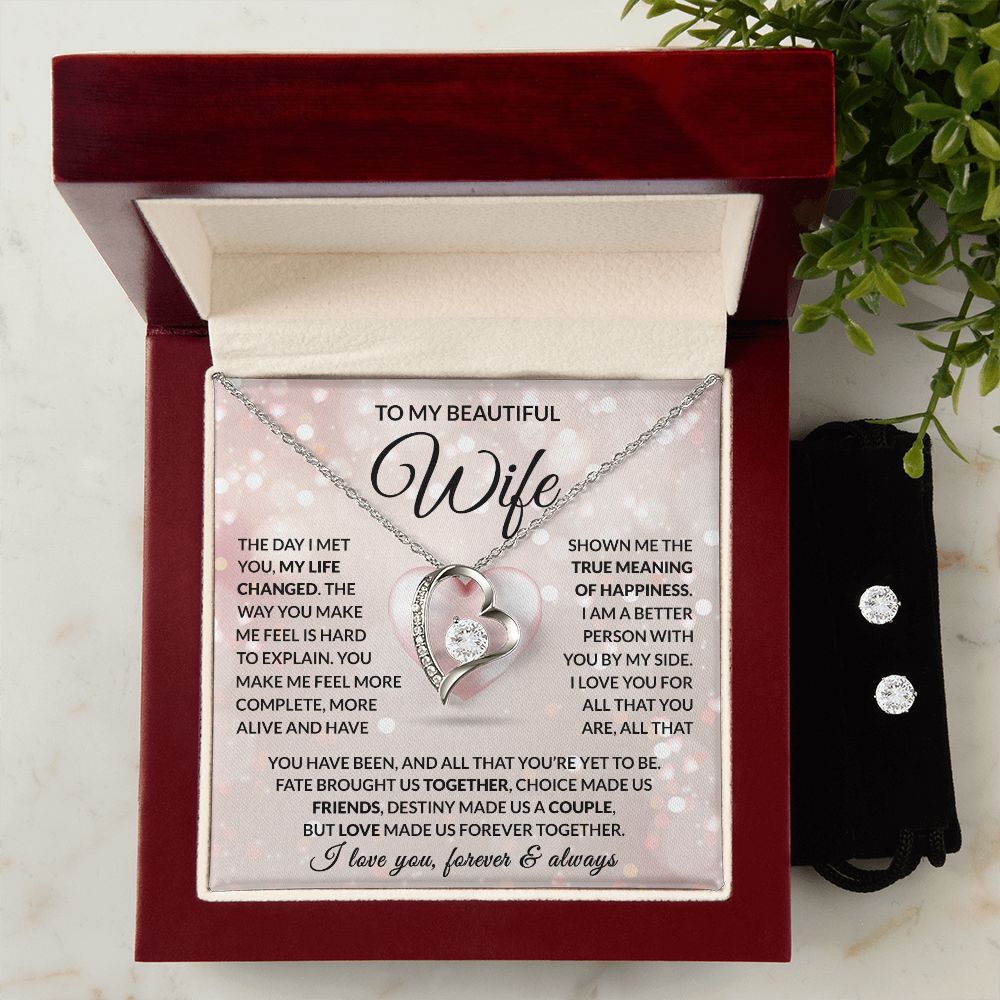 TO MY BEAUTIFUL WIFE | 14K WHITE GOLD FINISH OVER SS | FOREVER LOVE NECKLACE & EARRING SET