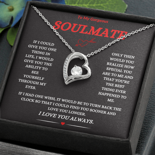 TO MY GORGEOUS SOULMATE | 14K WHITE GOLD FINISH OVER SS  LOVE NECKLACE
