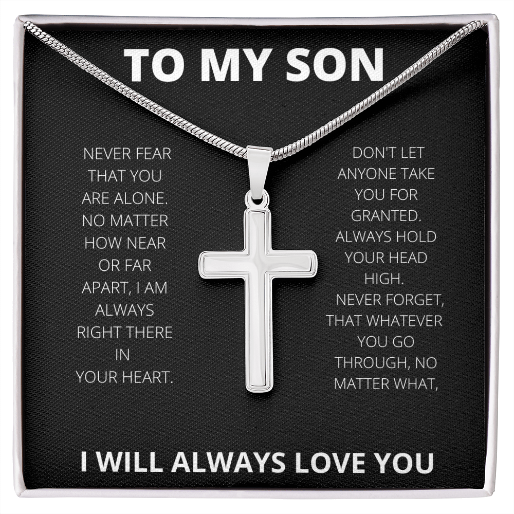 TO MY SON-NEVER FEAR | STAINLESS CROSS AND SNAKE CHAIN