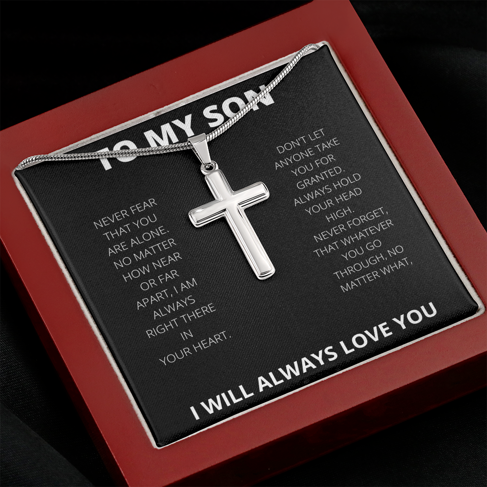 TO MY SON-NEVER FEAR | STAINLESS CROSS AND SNAKE CHAIN